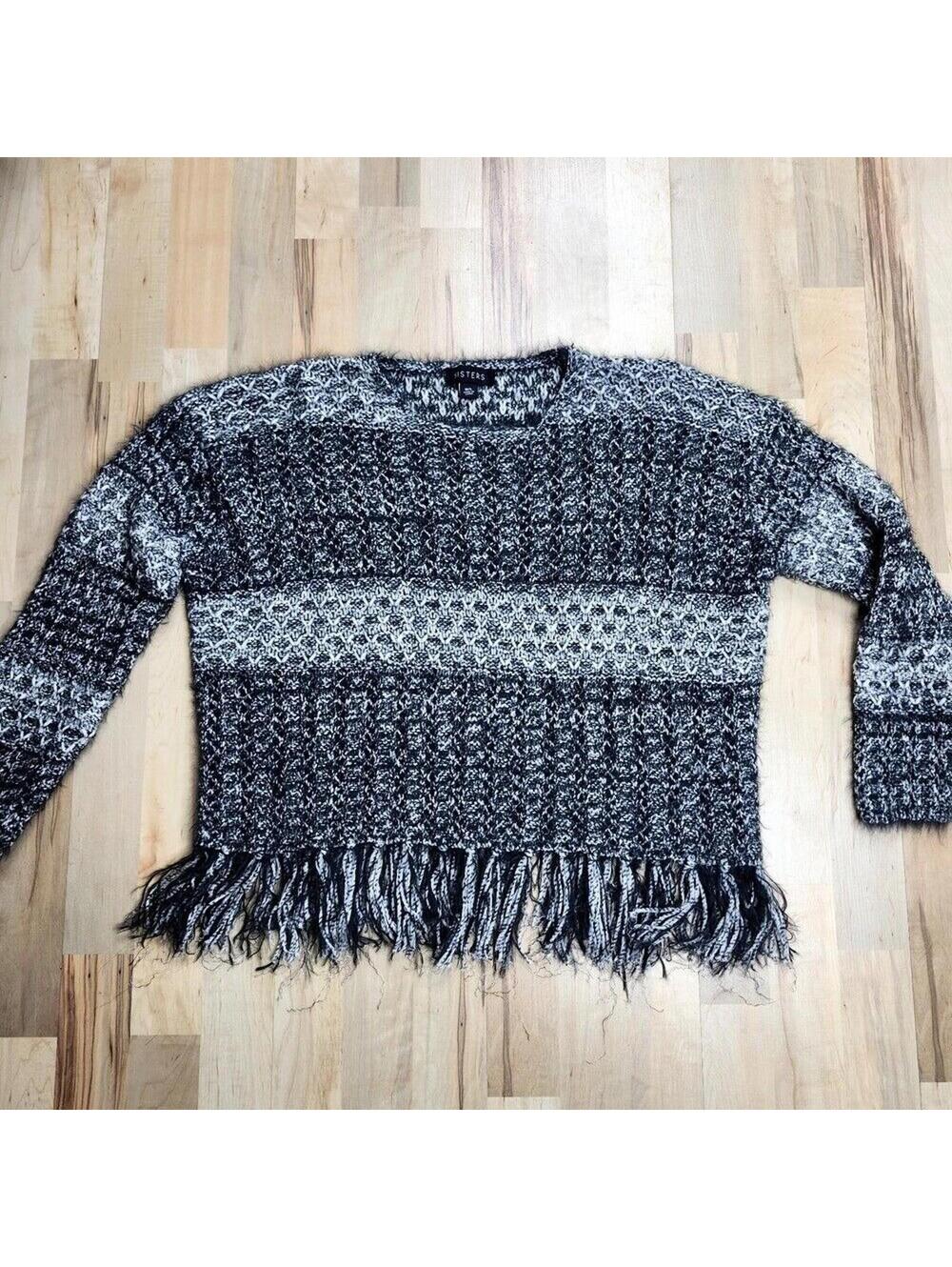 Sisters Fringe Sweater Pullover Knit Black White M/L